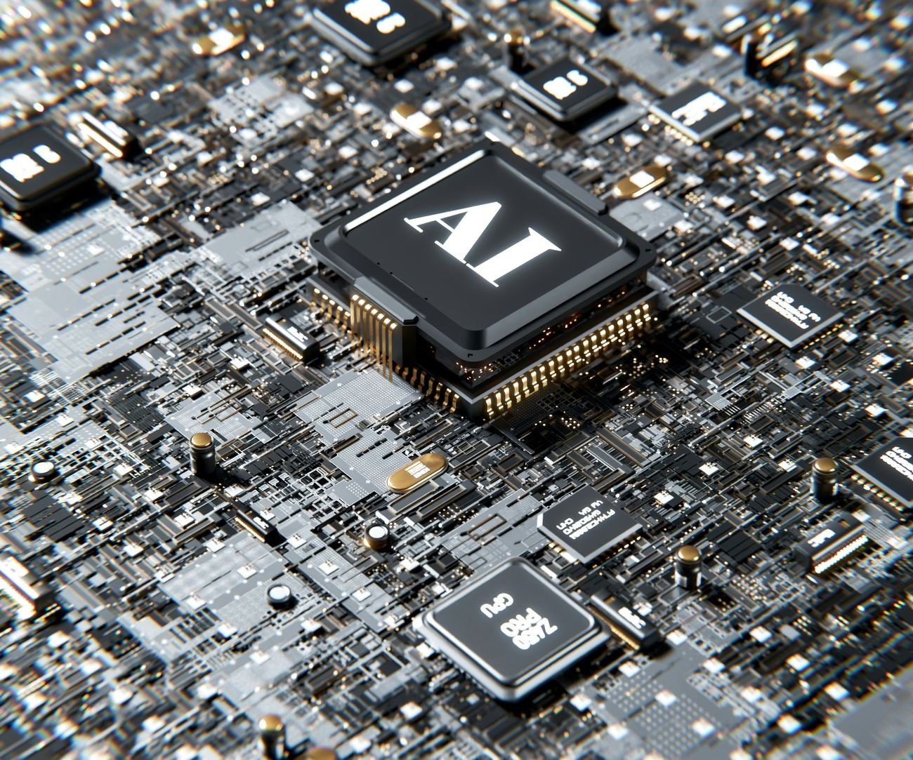 Microchip con la inscripción AI sobre una placa de circuitos